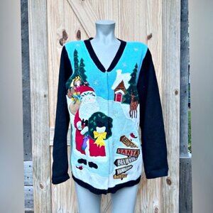 Vintage Quacker Factory Blue Santa North Pole Christmas Cardigan Sweater~S~